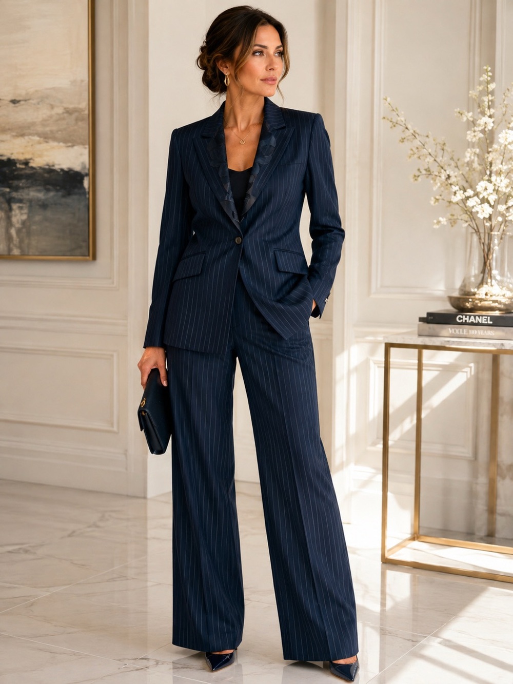 ESCADA Luxury Two Piece Black Pinstriped Wool Suit Sz 40 Sz 8-10